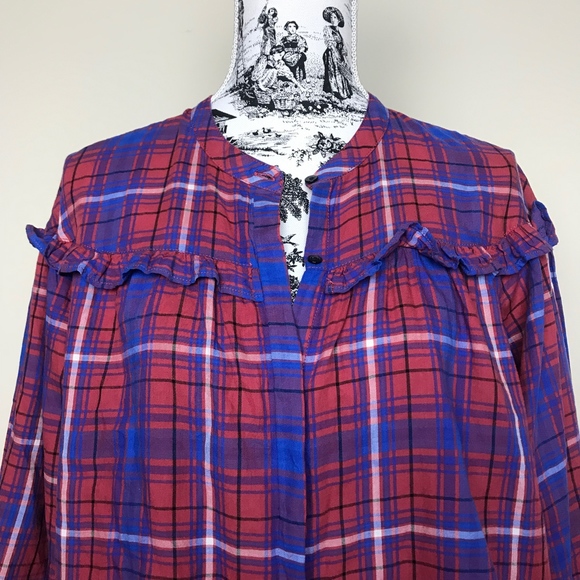 NWOT MADEWELL Plaid Shirred Button Down Top Berry - Picture 5 of 6
